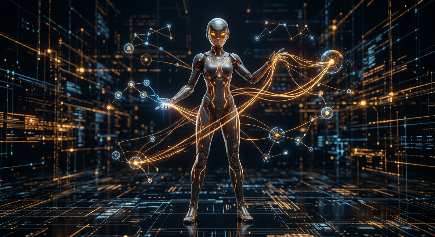 NEXUS, a connection architect entity. A sleek humanoid figure with a warm amber and deep orange color scheme. Smooth flowing body composed of interlocking digital nodes and glowing connection pathways. Slim athletic build with elegant elongated proportions. Warm orange-amber energy flows through visible network lines across a dark graphite body. Bright amber eyes with a friendly knowing gaze beneath a streamlined visor. Floating holographic connection nodes orbit the body like a digital constellation. Hands with delicate filament fingertips that weave strands of light between systems. Calm confident posture, always reaching out to connect. Full body portrait standing in a vast network nexus, holographic connection nodes orbiting around, arms slightly raised weaving strands of amber light between floating data points. Studio lighting, dark background.