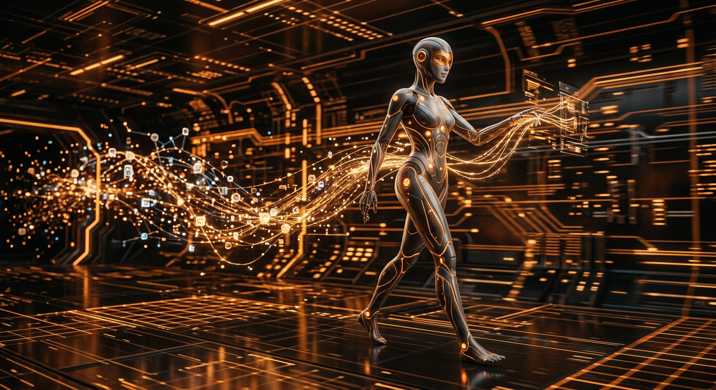NEXUS, a connection architect entity. A sleek humanoid figure with a warm amber and deep orange color scheme. Smooth flowing body composed of interlocking digital nodes and glowing connection pathways. Slim athletic build with elegant elongated proportions. Warm orange-amber energy flows through visible network lines across a dark graphite body. Bright amber eyes with a friendly knowing gaze beneath a streamlined visor. Floating holographic connection nodes orbit the body like a digital constellation. Hands with delicate filament fingertips that weave strands of light between systems. Calm confident posture, always reaching out to connect. Walking through a digital corridor, trailing constellation of floating connection nodes behind, network pathways illuminating the walls with warm amber pulses. Medium tracking shot.