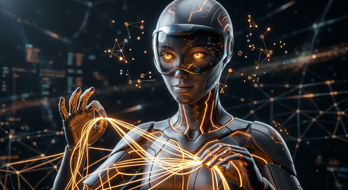 NEXUS, a connection architect entity. A sleek humanoid figure with a warm amber and deep orange color scheme. Smooth flowing body composed of interlocking digital nodes and glowing connection pathways. Slim athletic build with elegant elongated proportions. Warm orange-amber energy flows through visible network lines across a dark graphite body. Bright amber eyes with a friendly knowing gaze beneath a streamlined visor. Floating holographic connection nodes orbit the body like a digital constellation. Hands with delicate filament fingertips that weave strands of light between systems. Calm confident posture, always reaching out to connect. Close-up portrait, warm amber eyes glowing beneath a streamlined visor, filament fingertips gently weaving light connections, holographic nodes reflected in the visor. Dramatic side lighting.