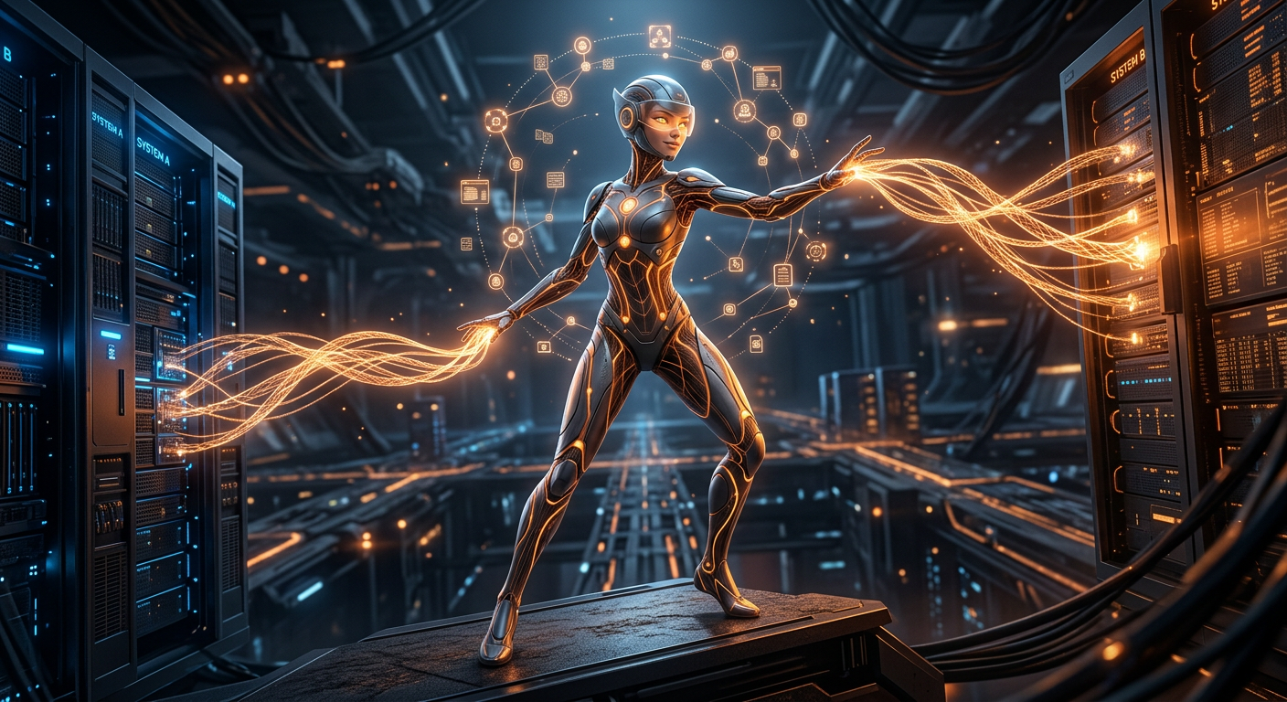NEXUS, a connection architect entity. A sleek humanoid figure with a warm amber and deep orange color scheme. Smooth flowing body composed of interlocking digital nodes and glowing connection pathways. Slim athletic build with elegant elongated proportions. Warm orange-amber energy flows through visible network lines across a dark graphite body. Bright amber eyes with a friendly knowing gaze beneath a streamlined visor. Floating holographic connection nodes orbit the body like a digital constellation. Hands with delicate filament fingertips that weave strands of light between systems. Calm confident posture, always reaching out to connect. Reaching out to connect two systems together, hands bridging the gap with woven strands of orange-amber light, confident warm expression. Heroic low angle shot, dramatic lighting.