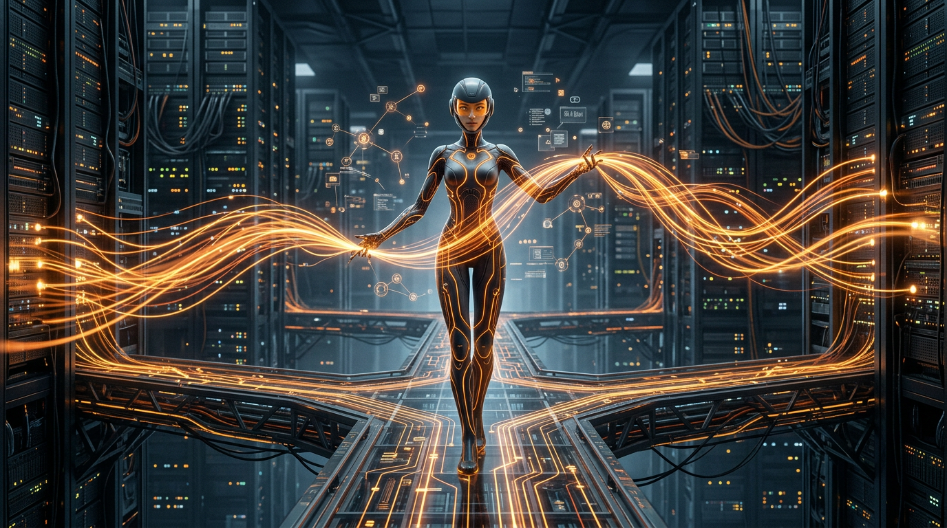 NEXUS, a connection architect entity. A sleek humanoid figure with a warm amber and deep orange color scheme. Smooth flowing body composed of interlocking digital nodes and glowing connection pathways. Slim athletic build with elegant elongated proportions. Warm orange-amber energy flows through visible network lines across a dark graphite body. Bright amber eyes with a friendly knowing gaze beneath a streamlined visor. Floating holographic connection nodes orbit the body like a digital constellation. Hands with delicate filament fingertips that weave strands of light between systems. Calm confident posture, always reaching out to connect. Standing at the center of a massive API gateway bridge, data streams flowing like rivers of amber light through outstretched hands, connecting two towering server architectures. Wide cinematic shot.